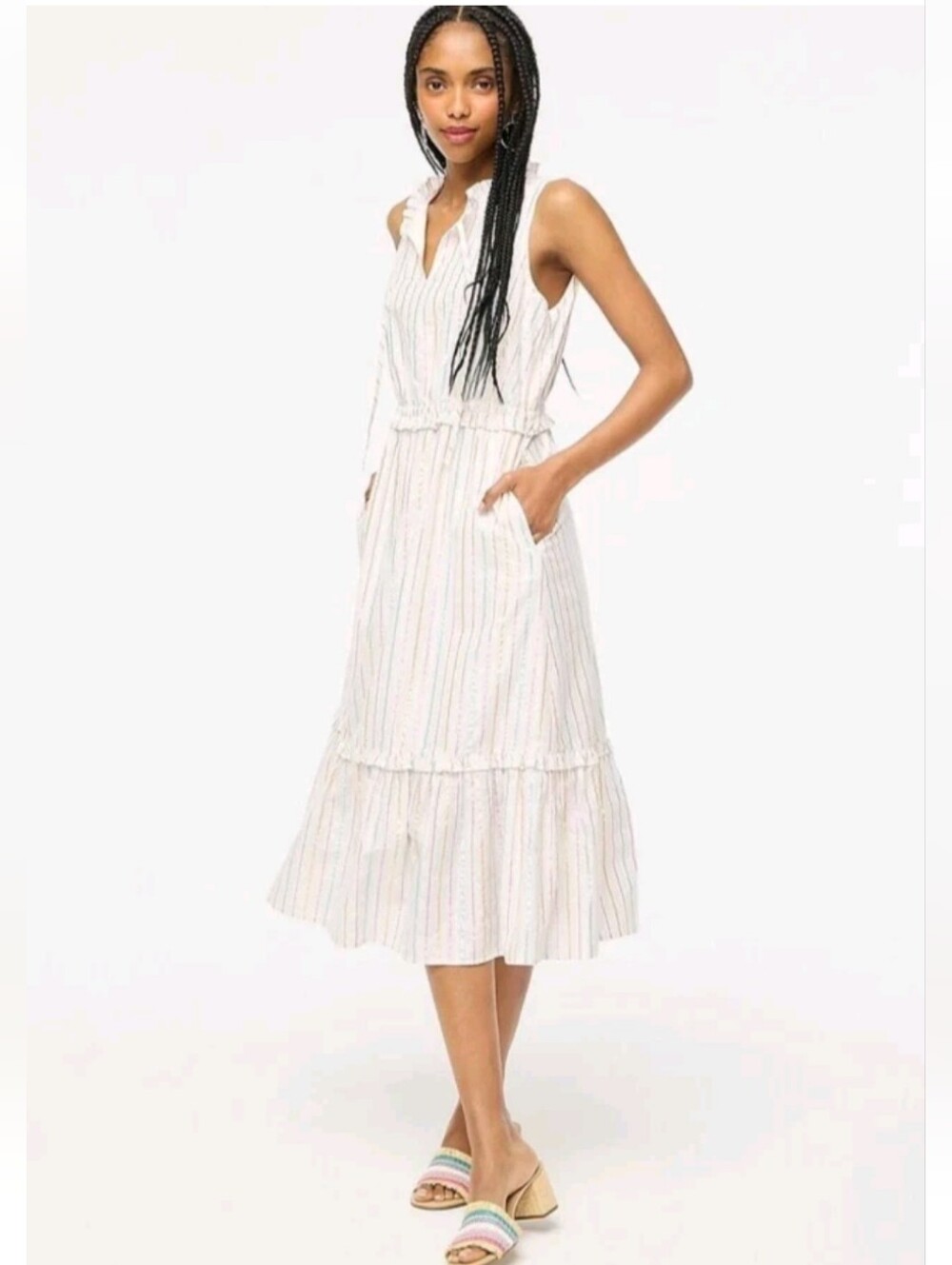 J.CREW Tiered Midi Dress Ivory Metallic Candy Stripe Sleeveless Ruffles